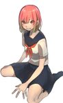  absurdres bad_id bad_pixiv_id gradient_hair green_hair highres kneehighs looking_at_viewer multicolored_hair original pleated_skirt red_eyes red_hair sailor_collar school_uniform serafuku short_hair sitting skirt smile solo usasaki_shiro wariza white_background 