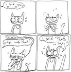  &lt;3 2015 andre_the_cat anthro blush cat clothing comic cute denial dialogue digital_drawing_(artwork) digital_media_(artwork) english_text feline girly hi_res humor implied_homosexuality mammal max_dlabick shirt simple_background solo speech_bubble sweat tank_top text white_background 