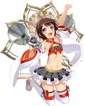  :d antenna_hair breasts brown_hair checkered checkered_skirt detached_sleeves fang flat_chest frilled_skirt frills full_body hair_ornament hairclip holding holding_microphone horns jumping microphone midriff murakami_yuichi navel official_art open_mouth oshiro_project oshiro_project_re oyama_gobou_(oshiro_project) sandals skirt smile solo transparent_background white_legwear 