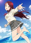  :d barefoot blue_sky blush bow bowtie breasts clenched_hand cloud commentary_request day dutch_angle foreshortening from_side grey_skirt half_updo jyura long_hair long_sleeves looking_at_viewer looking_to_the_side love_live! love_live!_sunshine!! medium_breasts ocean open_mouth outdoors pleated_skirt red_bow red_hair red_neckwear sakurauchi_riko school_uniform serafuku skirt sky smile solo uranohoshi_school_uniform yellow_eyes 