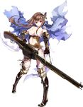  antique_firearm boots breasts brown_gloves brown_hair butterfly_hair_ornament cleavage covered_nipples detached_sleeves firearm firelock flintlock full_body gloves gun hagi_(oshiro_project) hair_ornament holding holding_gun holding_weapon large_breasts long_hair navel official_art oshiro_project oshiro_project_re pleated_skirt red_eyes skirt solo thighhighs torn_clothes torn_legwear transparent_background weapon white_skirt yuuki_kira 