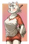  2017 amber_eyes anthro big_breasts biped black_nose blush border breasts canine cheek_tuft chopsticks cleavage clothed clothing curled_tail digital_drawing_(artwork) digital_media_(artwork) dog eyelashes female flower fluffy fluffy_tail front_view fur hair hair_bun hand_on_butt humanoid_hands hybrid jindo kemono kishu_inu korean looking_away looking_up loose_clothing mammal nipple_bulge outside_border plant portrait raised_eyebrows red_background ryonggay scar shirt shorts signature simple_background smile solo standing three-quarter_portrait tuft white_background white_border white_fur white_hair yong-sil_(ryonggay) 