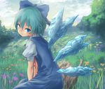  arms_between_legs blue_dress blue_eyes blue_hair bow cirno cloud cloudy_sky day dress flower from_side hair_bow hollow_log looking_at_viewer meadow outdoors puffy_short_sleeves puffy_sleeves ribbon roke_(taikodon) short_hair short_sleeves sitting sky solo touhou tree wings 