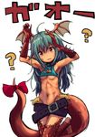  1girl belt beltskirt blue_hair bottomless breasts cleavage collar crop_top dragon_girl dragon_tail fang female halter_top head_wings long_hair midriff monster_girl mound_of_venus navel pointy_ears simple_background solo standing tail tail_bow tenteco_(covamin) underboob white_background 