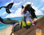 2017 5_fingers anthro araivis-edelveys bikini black_fur black_hair breach breasts canine clothing day detailed_background female fin fish fur hair hybrid looking_at_viewer mammal marine outside pink_hair purple_nose shark smile solo swimsuit water wolf yellow_eyes 