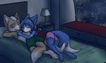  2017 anthro barefoot bed bedroom black_nose blue_fur blue_hair brown_fur canine clothing dipstick_tail dourdoofus duo female fox fox_mccloud fur hair hi_res krystal male mammal markings multicolored_tail nintendo short_hair sleeping smile snow star_fox video_games white_fur window 