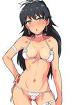  :o arm_garter ass_visible_through_thighs bare_arms bare_shoulders bikini black_hair blue_eyes blush breasts breasts_apart choker cleavage contrapposto cowboy_shot earrings ganaha_hibiki hair_ribbon halter_top halterneck hand_on_hip highres hoop_earrings idolmaster idolmaster_(classic) jewelry leg_garter long_hair medium_breasts micro_bikini navel ponytail ribbon side-tie_bikini simple_background solo standing stomach string_bikini sweat swimsuit tsurui white_background white_bikini white_ribbon 