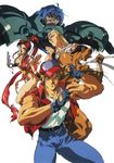  adjusting_clothes adjusting_hat andy_bogard armor bandages blonde_hair blue_hair breasts brown_eyes clenched_hands covered_nipples denim fan fatal_fury finger_to_mouth grin hat headband high_ponytail highres holding holding_fan jacket jeans joe_higashi long_hair looking_at_viewer md5_mismatch medium_breasts official_art oobari_masami open_clothes open_jacket open_mouth pants pelvic_curtain profile red_hair red_sclera shiranui_mai shirt short_hair simple_background sleeveless_jacket smile t-shirt terry_bogard white_background wolfgang_krauser 