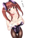  animal_ears bangs bare_shoulders black_leotard blush breasts brown_eyes brown_hair bunny_ears bunnysuit check_translation cleavage collarbone commentary_request covered_navel h3po4_chiba hands_on_own_chest idolmaster idolmaster_cinderella_girls large_breasts leotard long_hair looking_at_viewer looking_to_the_side ogata_chieri open_mouth pantyhose scrunchie sidelocks simple_background solo tearing_up translation_request twintails wavy_mouth white_background wrist_cuffs 