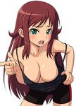  1girl akana_rui aqua_eyes bent_over blush breasts chousoku_henkei_gyrozetter cleavage downblouse hand_on_hip large_breasts leaning_forward long_hair looking_at_viewer no_bra open_mouth pointing red_hair solo 