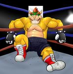  blood bowser boxer_briefs boxing_gloves clothing exhausted fighting_ring footwear hunterpornokami male mario_bros muscular muscular_male nintendo nipples nosebleed open_mouth pecs shiny shoes sweat underwear video_games 