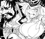  1girl arm_around_shoulder beard boots breasts bursting_breasts chair close-up commentary_request edward_teach_(fate/grand_order) facial_hair fate/extra fate/grand_order fate_(series) francis_drake_(fate) greyscale large_breasts long_hair microphone mojaranmo monochrome open_mouth pirate signature 