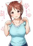  animal_ears bangs blue_shirt blush breasts brown_eyes brown_hair cat_ears collarbone flying_sweatdrops hands_up heart highres idolmaster idolmaster_cinderella_girls long_hair looking_at_viewer medium_breasts mifune_miyu open_mouth paw_pose paw_print ponytail see-through_sleeves shirt short_sleeves sidelocks simple_background solo takeashiro translated upper_body white_background 