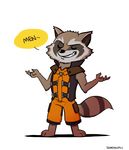  2014 2017 3_toes 4_fingers anthro barefoot black_nose brown_fur clothed clothing english_text eyes_closed front_view fully_clothed fur grey_fur guardians_of_the_galaxy male mammal marvel raccoon reaction_image rocket_raccoon shrug simple_background smile solo standing stripes sugarkills text toes toony white_background 
