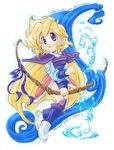  armor blonde_hair bow_(weapon) cape character_name commentary_request copyright_name dated faye_(ffmq) fei_(ffmq) final_fantasy final_fantasy_mystic_quest graphite_(medium) open_mouth phoebe_(ffmq) purple_eyes ribbon shirokiya_tanbo sketch solo traditional_media water weapon 