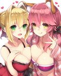  :d :q blonde_hair breast_press breasts cleavage collarbone commentary_request fate_(series) fox_tail from_above green_eyes jewelry large_breasts long_hair looking_at_viewer looking_up modern_costume_of_crimson multiple_girls necklace nero_claudius_(fate) nero_claudius_(fate)_(all) open_mouth pink_hair smile symmetrical_docking tail tamamo_(fate)_(all) tamamo_no_mae_(fate) tongue tongue_out yellow_eyes yuzu-aki 