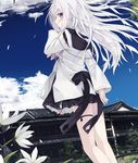  blush cloud cloudy_sky flower hair_between_eyes long_hair looking_at_viewer looking_back nagishiro_mito original pink_eyes skirt sky solo standing thigh_strap white_hair wind 