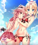  1girl :d alternate_eye_color ass_visible_through_thighs astolfo_(fate) bangs bare_arms bare_shoulders bikini black_bow blonde_hair blue_eyes blue_sky blush bow bra braid breasts bulge cleavage clenched_hands cloud cloudy_sky collarbone commentary_request covered_nipples cowboy_shot crown_braid day dot_nose dutch_angle eyebrows_visible_through_hair fang fate/apocrypha fate/grand_order fate_(series) front-tie_bikini front-tie_top fukuda_shuushi groin hair_bow hair_intakes hand_on_another's_head hand_on_another's_shoulder hands_up head_rest high_ponytail highres leaning_forward legs_apart long_hair looking_at_viewer looking_back looking_down microskirt mordred_(fate)_(all) mordred_(swimsuit_rider)_(fate) multicolored_hair narrow_waist navel no_shirt open_mouth otoko_no_ko panties parted_bangs pink_hair pleated_skirt raised_eyebrows red_bikini red_eyes red_sailor_collar red_skirt sailor_collar school_uniform see-through serafuku short_hair short_ponytail side-tie_bikini sideboob single_braid skirt sky small_breasts smile sparkle standing stomach streaked_hair striped striped_panties swimsuit thigh_gap trefoil two-tone_hair underwear very_long_hair white_bra white_hair white_panties 