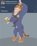  alcohol anthro beverage blush bulge clothing cocktail disney feline fluffysnowmeow looking_at_viewer male mammal pole police_uniform smile solo standing stripper_pole stripper_tiger_(zootopia) tiger tumblr uniform zootopia 