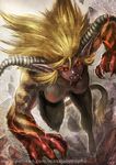  artist_name blonde_hair claws clenched_teeth eyebrows fangs horns maxa' monster_girl monster_hunter muscle muscular_female pointy_ears rajang red_eyes red_sclera rubble sidelocks tail teeth 