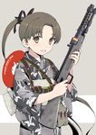  :d aka_ringo ayanami_(kantai_collection) brown_eyes brown_hair commentary_request fan floral_print grey_background gun highres japanese_clothes kantai_collection kimono long_hair looking_at_viewer open_mouth paper_fan ponytail remodel_(kantai_collection) rifle smile solo submachine_gun type_100 uchiwa very_long_hair weapon yukata 
