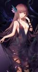  black_dress breasts brown_hair cleavage collarbone dark_persona dress dress_lift eyebrows_visible_through_hair hair_ornament hand_to_own_mouth highres long_hair low-cut naughty_face open_mouth purple_eyes sidelocks small_breasts smile solo swd3e2 sweatdrop tentacles tentacles_under_clothes torn_clothes torn_dress venus_blood venus_blood_-frontier- very_long_hair 