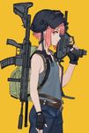  ar-15 assault_rifle backpack bag belt black_gloves closed_mouth cowboy_shot crossover denim fingerless_gloves flat_chest foregrip from_side gloves gun heckler_&amp;_koch helmet highres hk416 imi_uzi jeans kantai_collection looking_at_viewer luicent mask mask_on_head micro_uzi pants pink_eyes pink_hair playerunknown's_battlegrounds profile rifle short_hair simple_background sling solo stanag_magazine submachine_gun suppressor tank_top trigger_discipline vertical_foregrip weapon welding_mask yellow_background z3_max_schultz_(kantai_collection) 