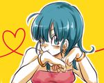  blue_eyes blue_hair bracelet bulma dragon_ball earrings eyebrows_visible_through_hair hand_on_own_chin heart jewelry lowres short_hair simple_background smile solo tank_top tkgsize yellow_background 