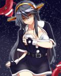  1girl alternate_costume belt black_belt black_hair black_santa_costume breasts brown_eyes carmine_(ucdio) christmas commentary_request dated dress enemy_lifebuoy_(kantai_collection) eyebrows_visible_through_hair gloves hair_between_eyes hair_ornament hairclip haruna_(kantai_collection) headgear highres jewelry kantai_collection large_breasts long_hair looking_at_viewer night red_dress red_gloves remodel_(kantai_collection) ring santa_costume smile snowing solo wedding_band 