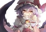  bad_id bad_pixiv_id banned_artist bat_wings biting_hand blood brooch commentary_request cravat cup eyelashes fang gloves hair_between_eyes hat hat_ribbon holding holding_cup jewelry looking_at_viewer mob_cap puffy_short_sleeves puffy_sleeves purple_hair red_eyes red_ribbon remilia_scarlet ribbon shirt short_sleeves simple_background smile solo teacup touhou upper_body white_background white_gloves white_hat white_shirt wings zairen 