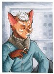  2017 aceo anthro atc brown_fur cat cigarette clothed clothing drawing feline fur green_eyes hair male mammal markers portrait smoke smoking solo tagme white_hair wunderknodel 
