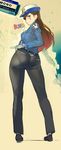  alternate_costume ass belt black_pants blue_shirt breasts brown_eyes brown_hair character_name collared_shirt commentary_request d.va_(overwatch) eraser facepaint female_service_cap from_behind full_body gloves hand_on_hip highres long_hair looking_at_viewer looking_back medium_breasts namaniku_atk necktie officer_d.va overwatch pants pantylines pocket police police_uniform shirt smile solo standing uniform whisker_markings white_gloves 