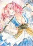  :d blue_dress blush breasts cleavage coin collarbone colored_pencil_(medium) cowboy_shot dress frilled_sleeves frills hair_bobbles hair_ornament holding large_breasts layered_dress leaning_to_the_side long_hair looking_away nail_polish obi onozuka_komachi open_mouth over_shoulder pink_eyes pink_hair puffy_short_sleeves puffy_sleeves red_nails sample sash short_sleeves smile solo touhou traditional_media two_side_up watercolor_(medium) yotsuba0401 