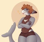  anthro bearra boxer-briefs boxers_(clothing) brown_hair bulge clothing crossed_arms cute_fangs fish girly hair male marine shark simple_background solo standing tongue tongue_out underwear 