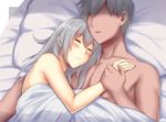  1girl afterglow arciealbano bed bed_sheet blush couple dark_skin dark_skinned_male faceless faceless_male gangut_(kantai_collection) grey_hair hetero hug kantai_collection long_hair lying nude on_back on_bed parted_lips short_hair sleeping 