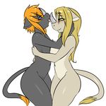  anthro avante92 blonde_hair blue_eyes breast_squish breasts breasts_frottage duo female female/female hair hi_res horn licking mammal navel nipples_touching nude orange_hair rhinoceros tongue tongue_out yellow_eyes 