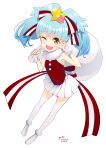  :d blue_hair bow fur_trim hair_ornament holding hoshikawa_lily one_eye_closed open_mouth orange_eyes pleated_skirt sack skirt sleeveless smile solo star star_hair_ornament thighhighs twintails v_over_eye weshika white_background white_legwear zombie_land_saga 