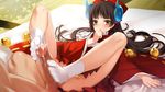  1girl bangs blunt_bangs blush brown_hair censored covering_mouth cum eiyuu_senki ejaculation footjob game_cg hair_ornament hair_ribbon hime_cut himiko_(eiyuu_senki) japanese_clothes long_hair looking_at_viewer miko mosaic_censoring no_panties no_shoes ooyari_ashito penis ribbon socks solo_focus sweatdrop white_legwear yellow_eyes 