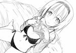  alice_margatroid bangs barefoot blush bow bowtie breasts clothes_lift dutch_angle eyebrows_visible_through_hair front-tie_top greyscale hair_between_eyes hairband hands_on_own_chest lifted_by_self long_sleeves looking_at_viewer medium_breasts monochrome navel nirap panties parted_lips short_hair side-tie_panties solo stomach touhou underwear 