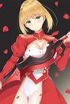  aestus_estus ass_visible_through_thighs bad_id bad_pixiv_id bangs blonde_hair blush braid breasts cleavage cowboy_shot dress epaulettes eyebrows_visible_through_hair fate/extra fate_(series) green_eyes head_tilt highres leotard long_sleeves looking_at_viewer medium_breasts nero_claudius_(fate) nero_claudius_(fate)_(all) petals primamiya puffy_long_sleeves puffy_sleeves red_dress see-through smile solo thigh_gap white_leotard 