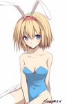  alice_margatroid animal_ears arm_behind_back artist_name bangs bare_arms bare_shoulders between_legs blonde_hair blue_eyes blue_leotard breasts bunny_ears bunnysuit closed_mouth collarbone commentary_request covered_navel dated fake_animal_ears hair_between_eyes hand_between_legs highres leotard looking_at_viewer medium_breasts nirap no_shoes short_hair simple_background sitting solo thighhighs touhou white_background white_legwear yokozuwari 