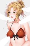  bikini blonde_hair blush bow braid censored cum cumdrip fate/apocrypha fate/grand_order fate_(series) fellatio front-tie_bikini front-tie_top green_eyes grey_background hanada_yanochi licking long_hair mordred_(fate)_(all) mordred_(swimsuit_rider)_(fate) multiple_penises oral penis ponytail red_bikini solo_focus swimsuit tears tongue tongue_out trembling upper_body 
