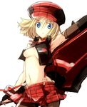  alisa_ilinichina_amiella arm_up armpits bangs blonde_hair blue_eyes blush breasts brown_gloves brown_legwear commentary_request cowboy_shot elbow_gloves eyebrows_visible_through_hair gloves god_eater hair_between_eyes hat looking_at_viewer medium_breasts midriff miniskirt navel nirap off_shoulder parted_lips red_skirt simple_background skirt sleeveless solo stomach suspenders thighhighs white_background 