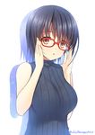  :o absurdres adjusting_eyewear asami_asami bangs bare_arms bare_shoulders black_hair blush breasts brown_eyes commentary_request glasses highres large_breasts looking_at_viewer original red-framed_eyewear ribbed_sweater short_hair sleeveless sleeveless_turtleneck solo sweater turtleneck turtleneck_sweater twitter_username upper_body 