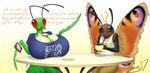  antennae arthropod beverage big_breasts breasts butterfly claws clothing coffee crumbs cup eating eliot_(character) female fur heros_(character) huge_breasts insect lesang mandibles mantis peacock_butterfly phone plate shiny shirt straw surprise table text 