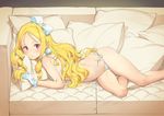  bare_shoulders bikini blonde_hair bow breasts commentary_request couch drill_hair eromanga_sensei gloves hair_ribbon long_hair looking_at_viewer lying navel on_side ooyari_ashito petite pillow pointy_ears red_eyes ribbon shiny shiny_skin side-tie_bikini skindentation small_breasts solo swimsuit white_bikini white_gloves yamada_elf 