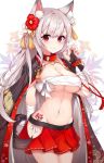  :3 absurdres animal_ear_fluff animal_ears azur_lane bandaged_arm bandages bangs black_coat blush breasts budget_sarashi claw_pose cleavage closed_mouth collar commentary_request cowboy_shot dog_ears dog_tail eyebrows_visible_through_hair floral_background flower groin hair_flower hair_ornament hand_up highres hip_vent jacket_on_shoulders lebring long_hair looking_at_viewer medium_breasts miniskirt nail_polish navel panties pleated_skirt red_eyes red_flower red_nails red_skirt sarashi side-tie_panties silver_hair skirt smile solo spiked_collar spikes standing stomach tail tassel tattoo thick_eyebrows underboob underwear white_flower white_panties yuudachi_(azur_lane) 