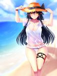  ass_visible_through_thighs beach bikini bikini_under_clothes black_hair breasts cleavage collarbone day fingernails frilled_bikini_bottom frills hair_ornament hairclip hands_on_head haruna_(kantai_collection) hat highres jewelry kantai_collection large_breasts long_hair looking_at_viewer ocean orange_eyes ring see-through shadow shirt short_sleeves smile solo straw_hat sun_hat swimsuit thigh_strap tsukui_kachou upper_body walking wedding_band white_bikini white_shirt wristband 