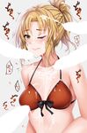 bikini blonde_hair blush bow braid bukkake censored closed_mouth cum cum_on_body cum_on_clothes cum_on_hair cum_on_upper_body cumdrip facial fate/apocrypha fate/grand_order fate_(series) front-tie_bikini front-tie_top green_eyes grey_background hanada_yanochi heart heart-shaped_pupils long_hair mordred_(fate)_(all) mordred_(swimsuit_rider)_(fate) multiple_penises one_eye_closed penis ponytail red_bikini solo_focus swimsuit symbol-shaped_pupils tears trembling upper_body wince 