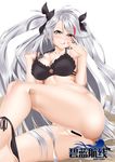  ;q absurdres antenna_hair anus ass azur_lane bangs bar_censor bare_arms bare_legs bare_shoulders barefoot bikini bikini_around_one_leg black_bikini black_bow blush bow breasts censored cleavage clitoris closed_mouth collarbone copyright_name eyebrows_visible_through_hair fingernails frilled_bikini_top frills hair_between_eyes hair_bow hands_up heart heart-shaped_pupils highres iron_cross kong_lang_(skywave) leg_up licking_lips lips long_fingernails long_hair looking_at_viewer lying medium_breasts nail_polish on_side one_eye_closed pink_lips pink_nails prinz_eugen_(azur_lane) pulled_by_self pussy side-tie_bikini silver_hair simple_background sitting smile solo strap_pull swimsuit symbol-shaped_pupils tongue tongue_out very_long_hair white_background yellow_eyes 